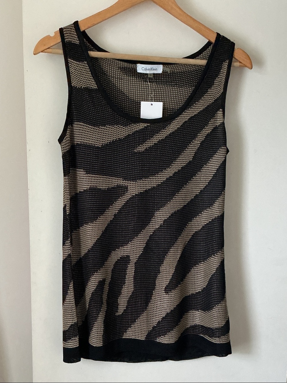 Calvin Klein Black and Beige Zebra-Print Mesh Tank Top